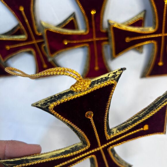 Christmas Ornaments German Cross Set of 5 Red Velvet Gold Trim - Picture 4 of 7